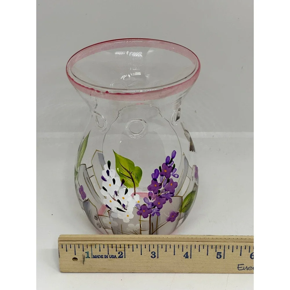 VTG Hand Painted Glass Oil Wax Warmer Lilac Floral Butterfly Clear Pink Trim